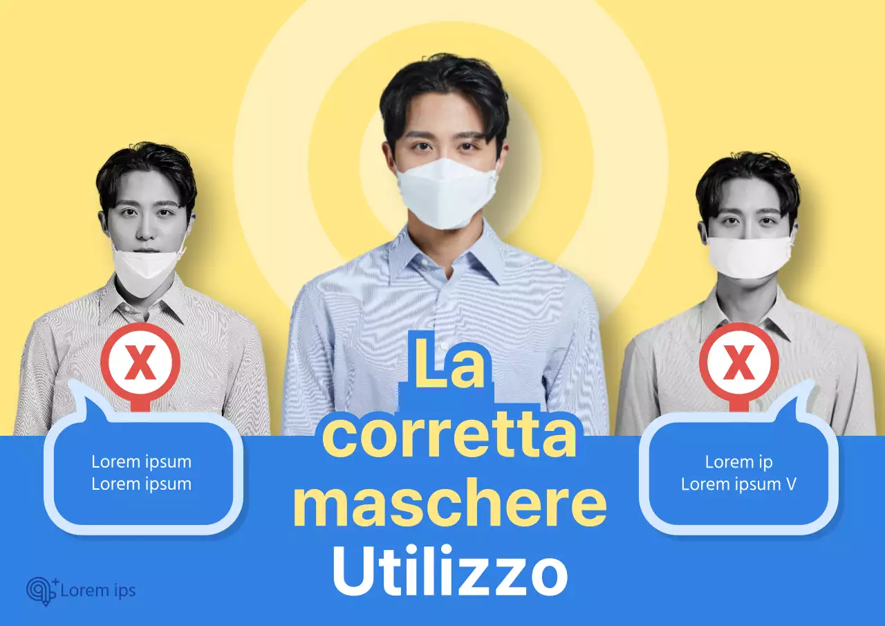 COVID-19 poster per portatori di maschera corretta con immagine umana su sfondo giallo-blu