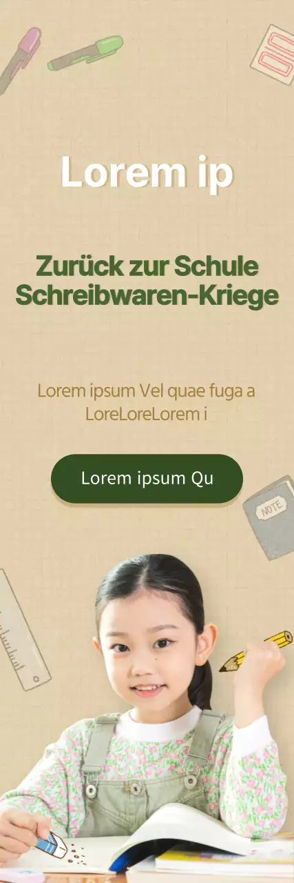 Verkauf von grünen und braunen Schreibwaren für die Schule