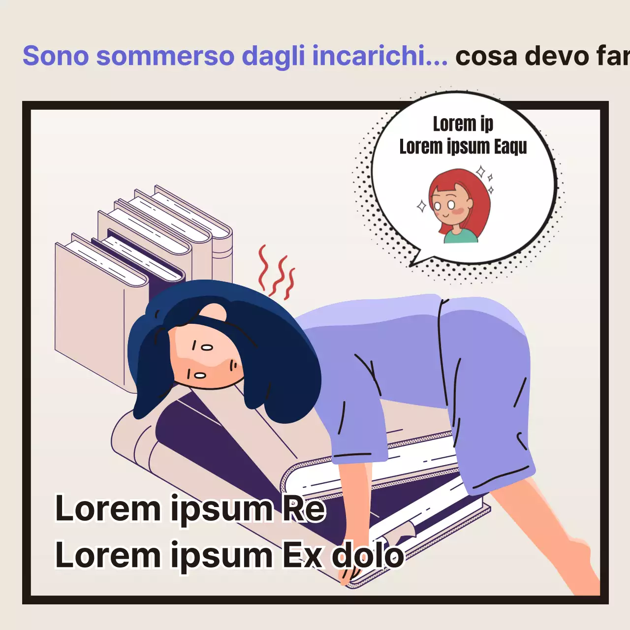 Una scenetta divertente sulle difficoltà reali degli studenti universitari in beige e viola.