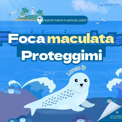 Illustrazione fresca e carina con sfondo blu dell'oceano Conservazione delle creature marine in via di estinzione Foca maculata Social media