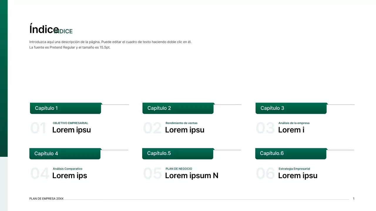 Kit de presentación de plan de negocio con un concepto de índice degradado en verde