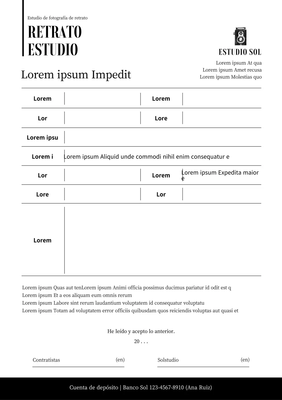 Contrato de sesión fotográfica en estudio en blanco y negro