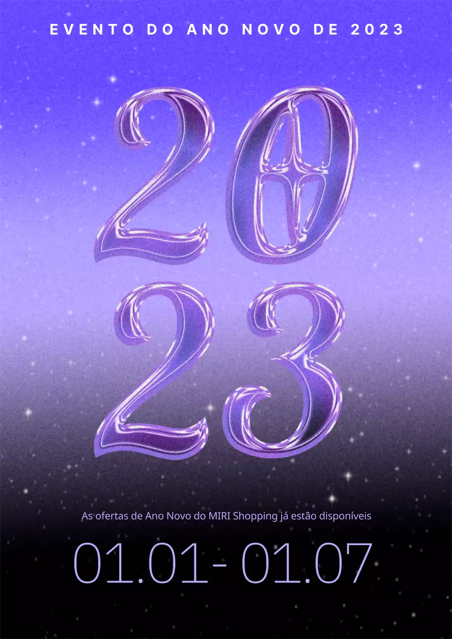 Cartaz vintage do Ano Novo de 2023 em roxo e preto