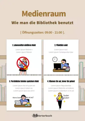 Ein Leitfaden zur Benutzung der Bibliothek mit niedlichen braunen Illustrationen