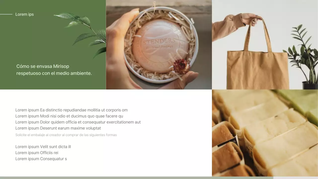 Propuesta de entrada para un jabón de concepto naturalista verde y beige