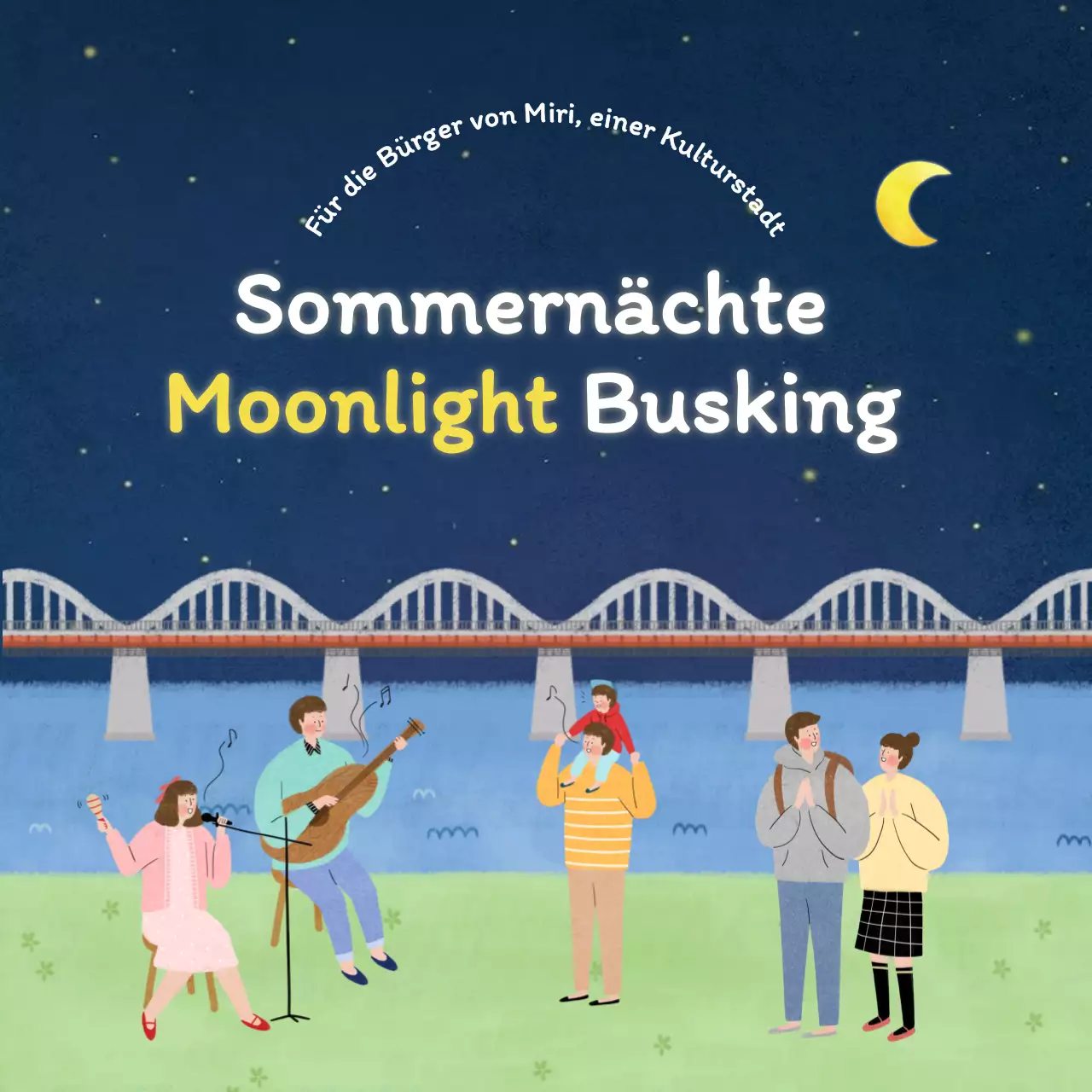 Werben Sie für Ihren minimalistischen Musik-Busking-Auftritt in Marineblau und Chartreuse