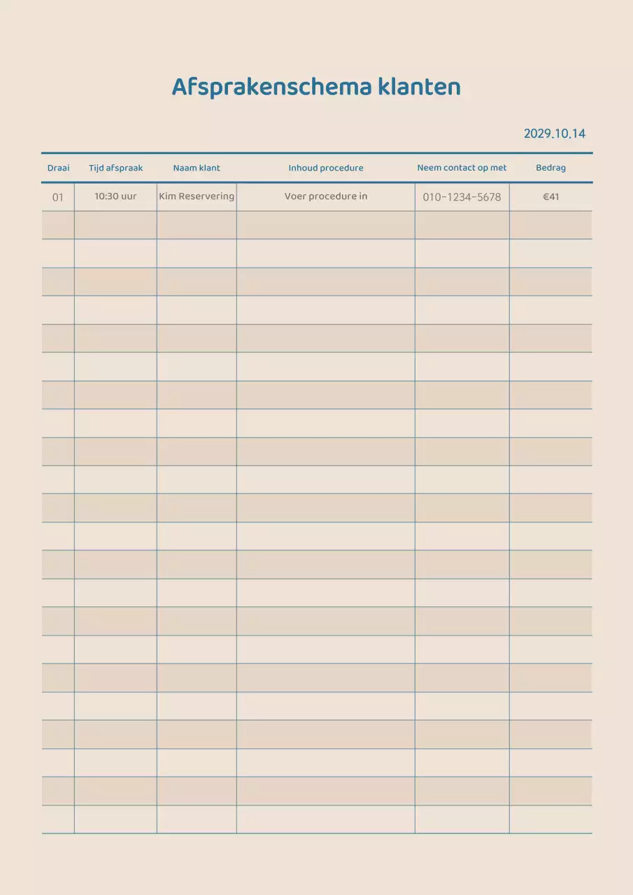 Afsprakenschema voor klanten met een strak concept in marineblauw en beige