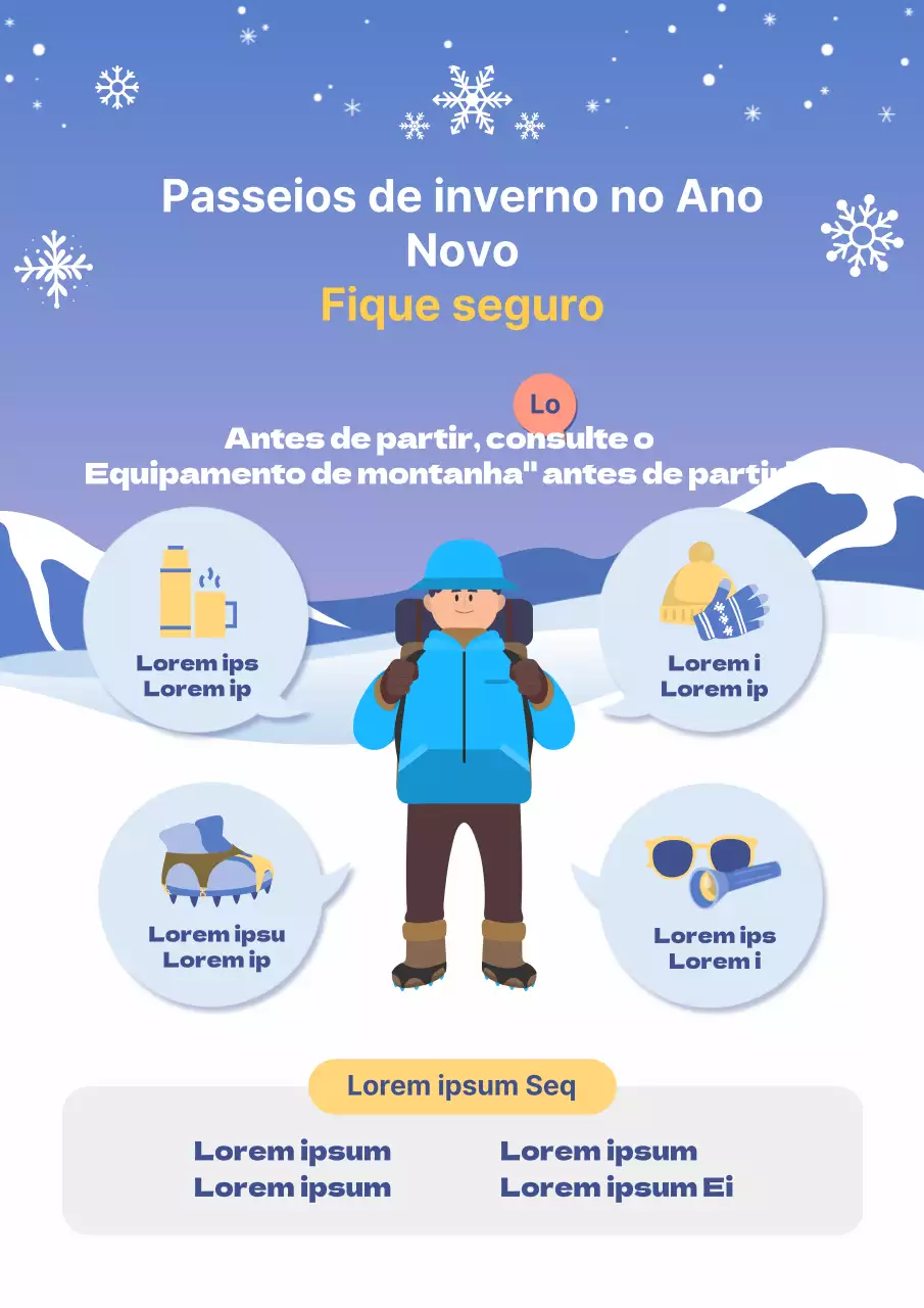 Um guia para a segurança nas montanhas no inverno em tons pastel de azul e amarelo