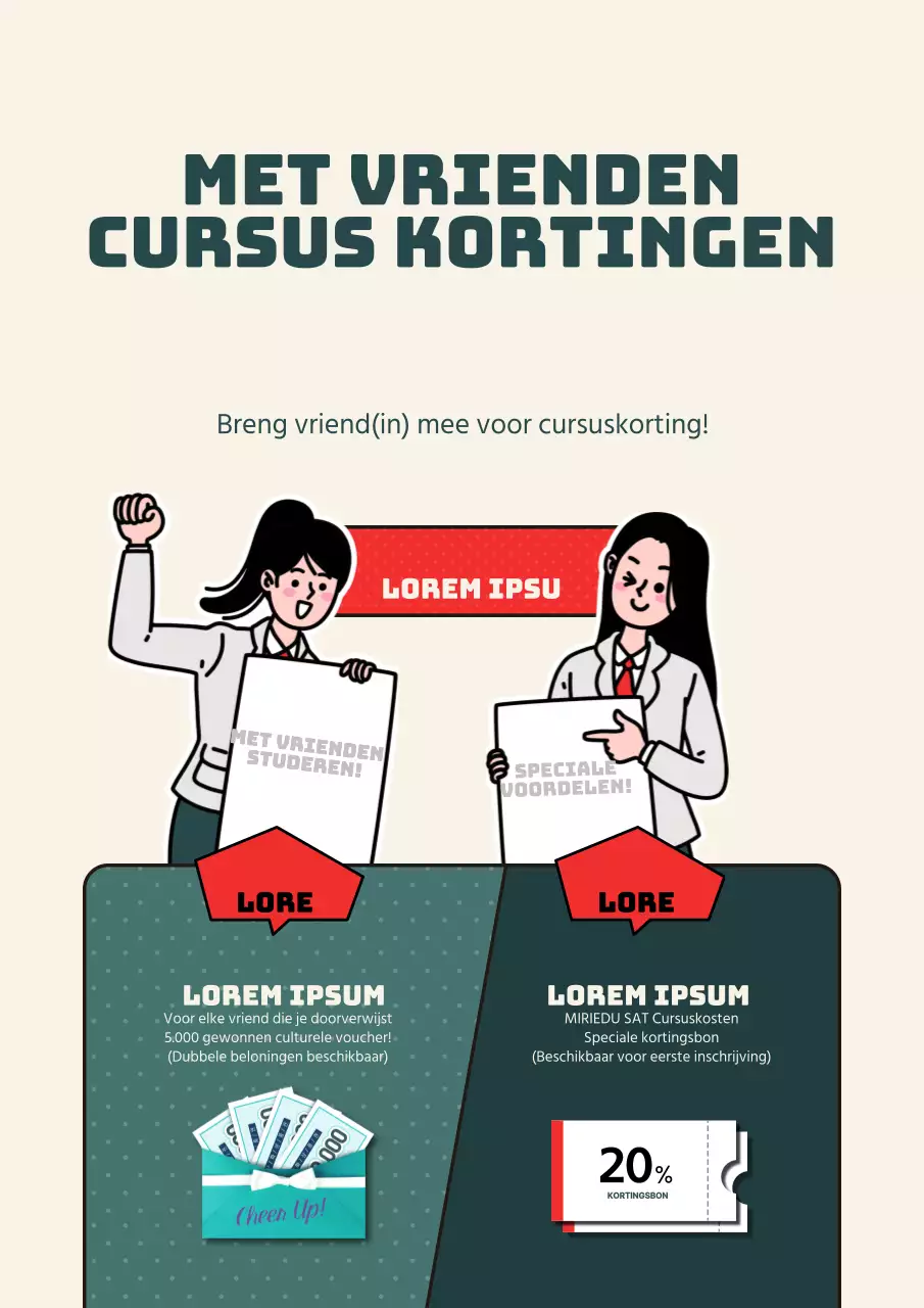 Promoot het kortingsevenement voor schoolgeld met ivoor- en groenblauwe studentenillustraties