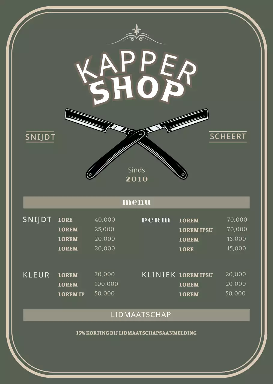 Acrylstandaard voor een groen menubord van een kapperszaak in vintage stijl