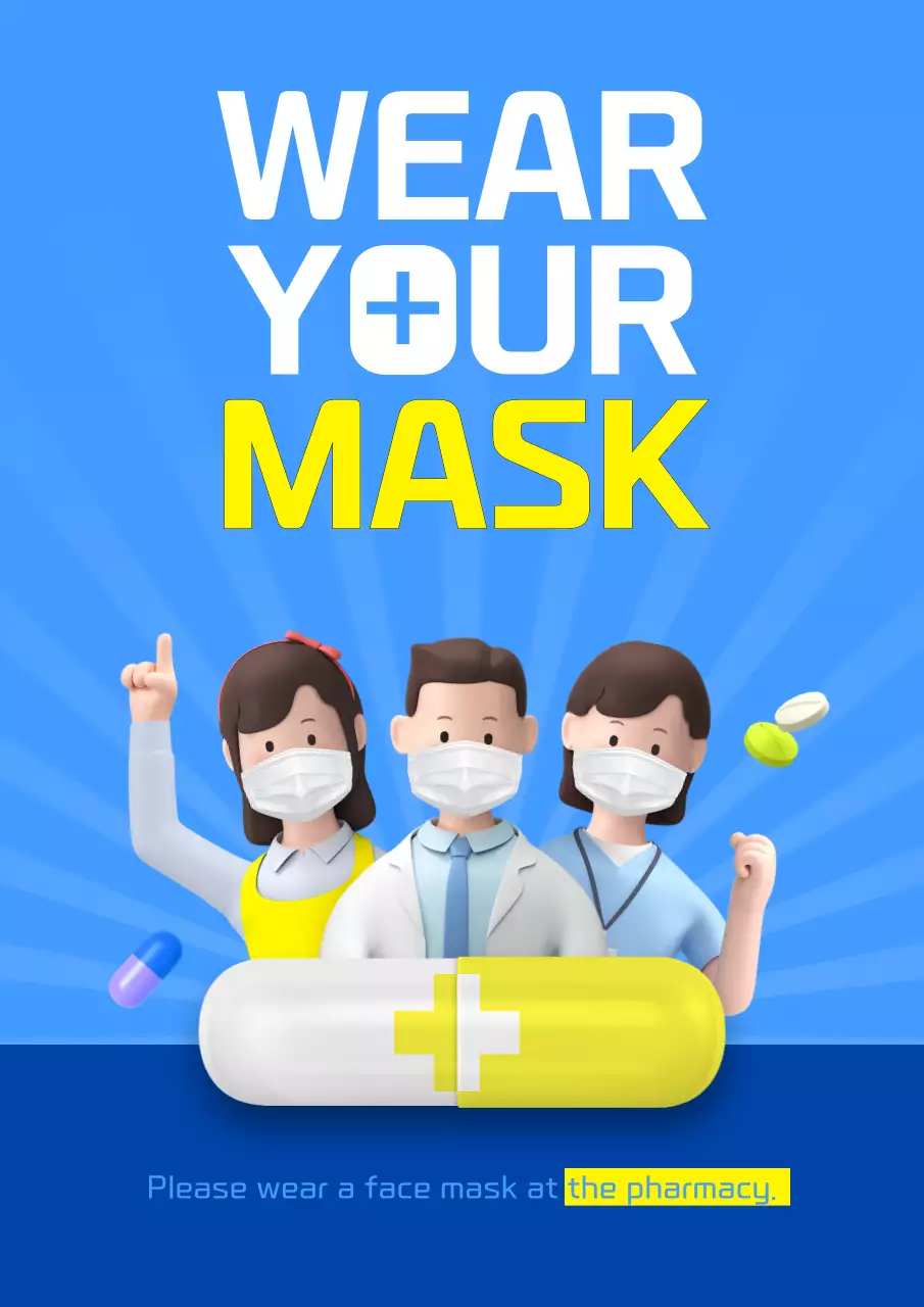 Blue yellow cute 3D illustration concept of a pharmacy advising people to wear a mask