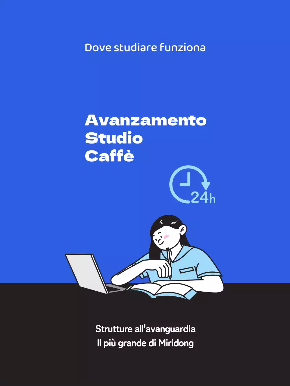 Promuovete un bar per lo studio pulito con l'illustrazione di uno studente che studia su uno sfondo blu.