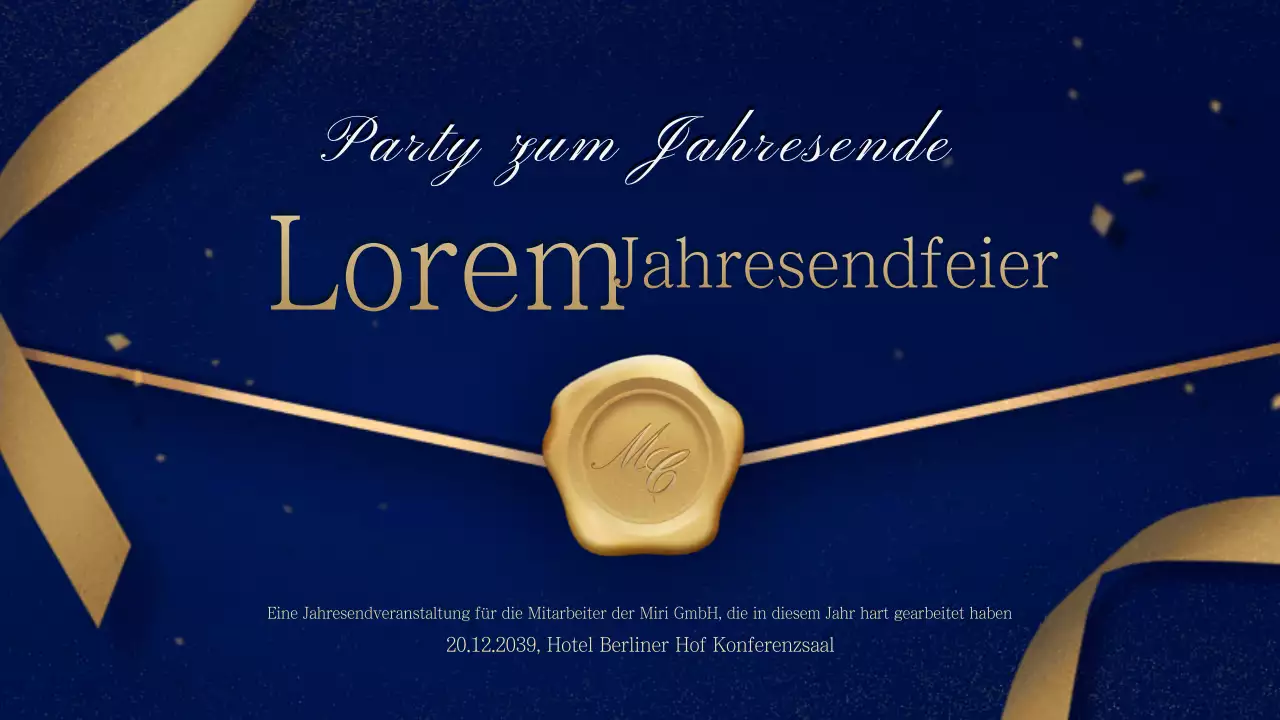 Eine Einladung in Gold und Marineblau zu einer Jahresendfeier mit einer feierlichen Dienstanweisung