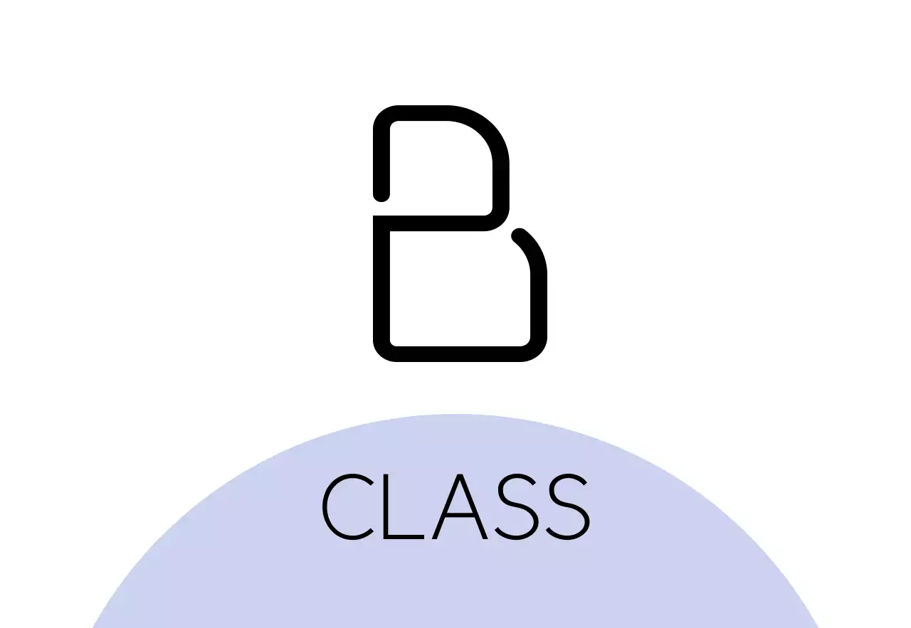 空紫ピンクの図形と黒の塾学校のクラス名からなる場所案内板。