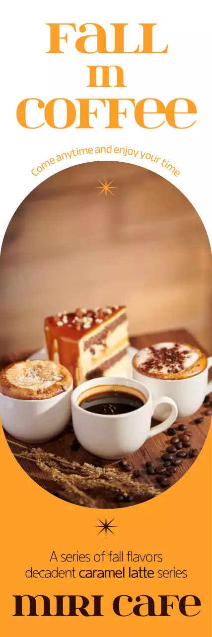 An atmospheric fall seasonal drinks menu with a warm yellow background, photos of fall seasonal coffee, and an English font.