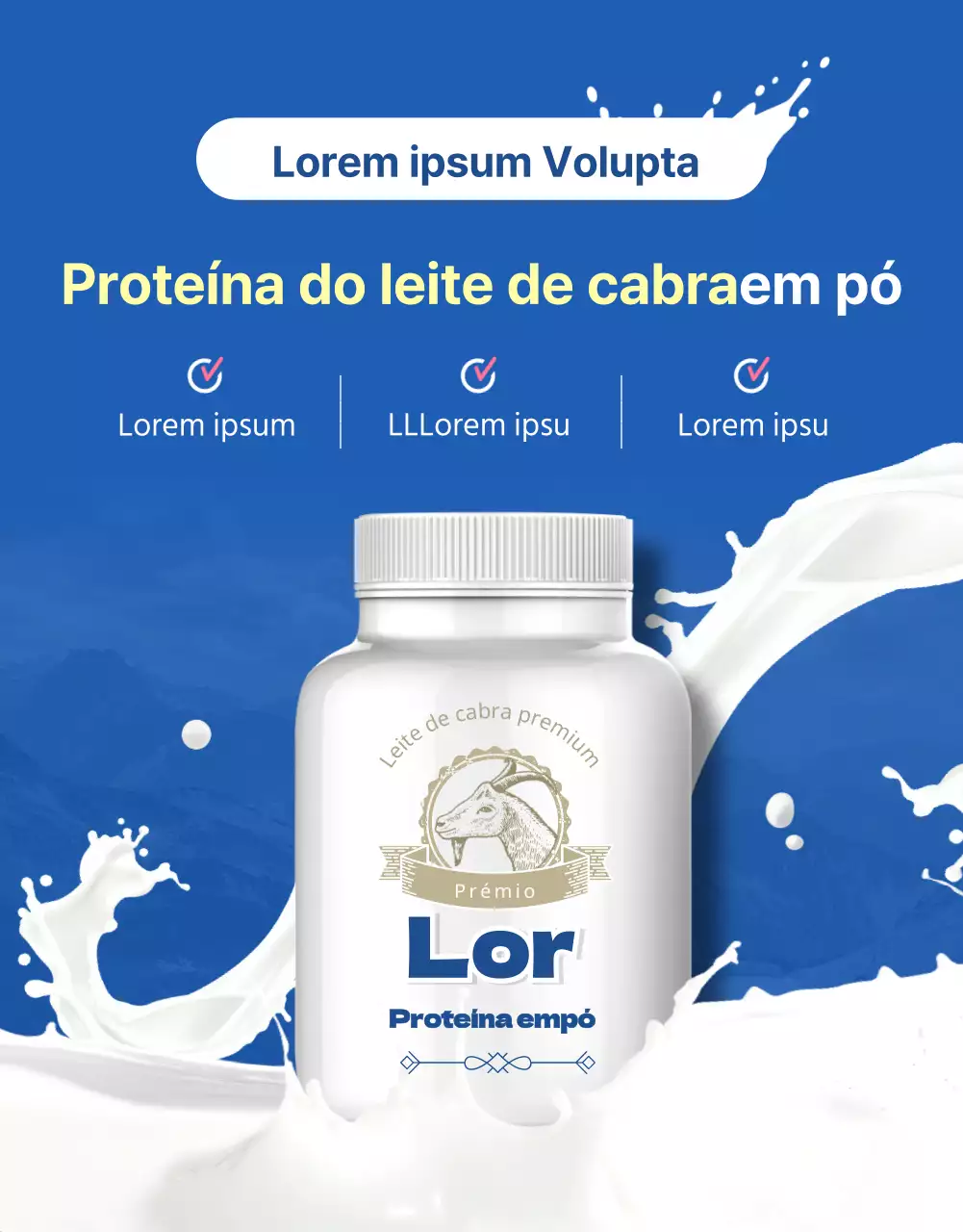 Anúncio de alimentos saudáveis de proteína de leite de cabra em pó, azul e natural