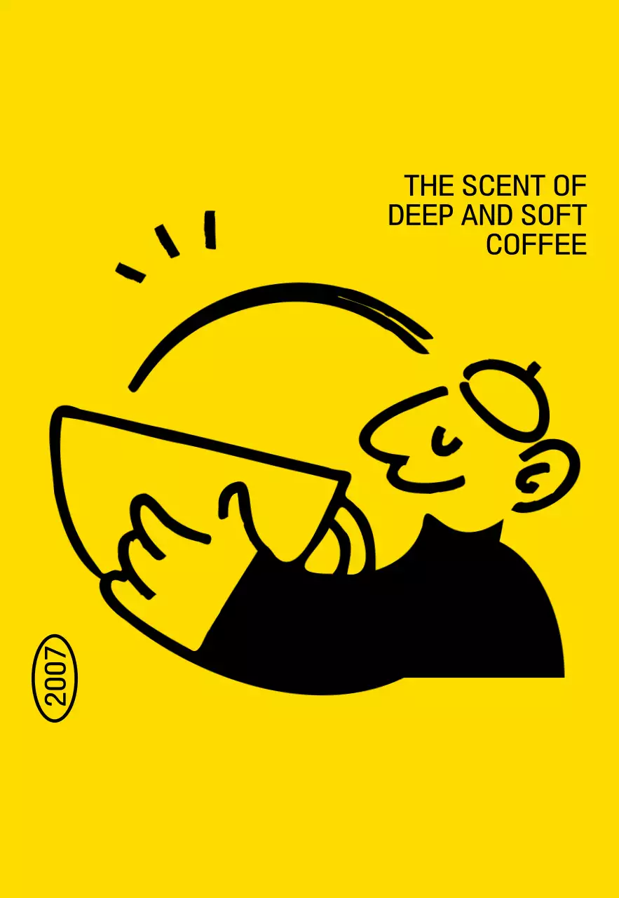 黄色と黒のコーヒーを飲んでいる落書き風の人物のイラストが描かれたヒップなコンセプトのカフェの宣伝用