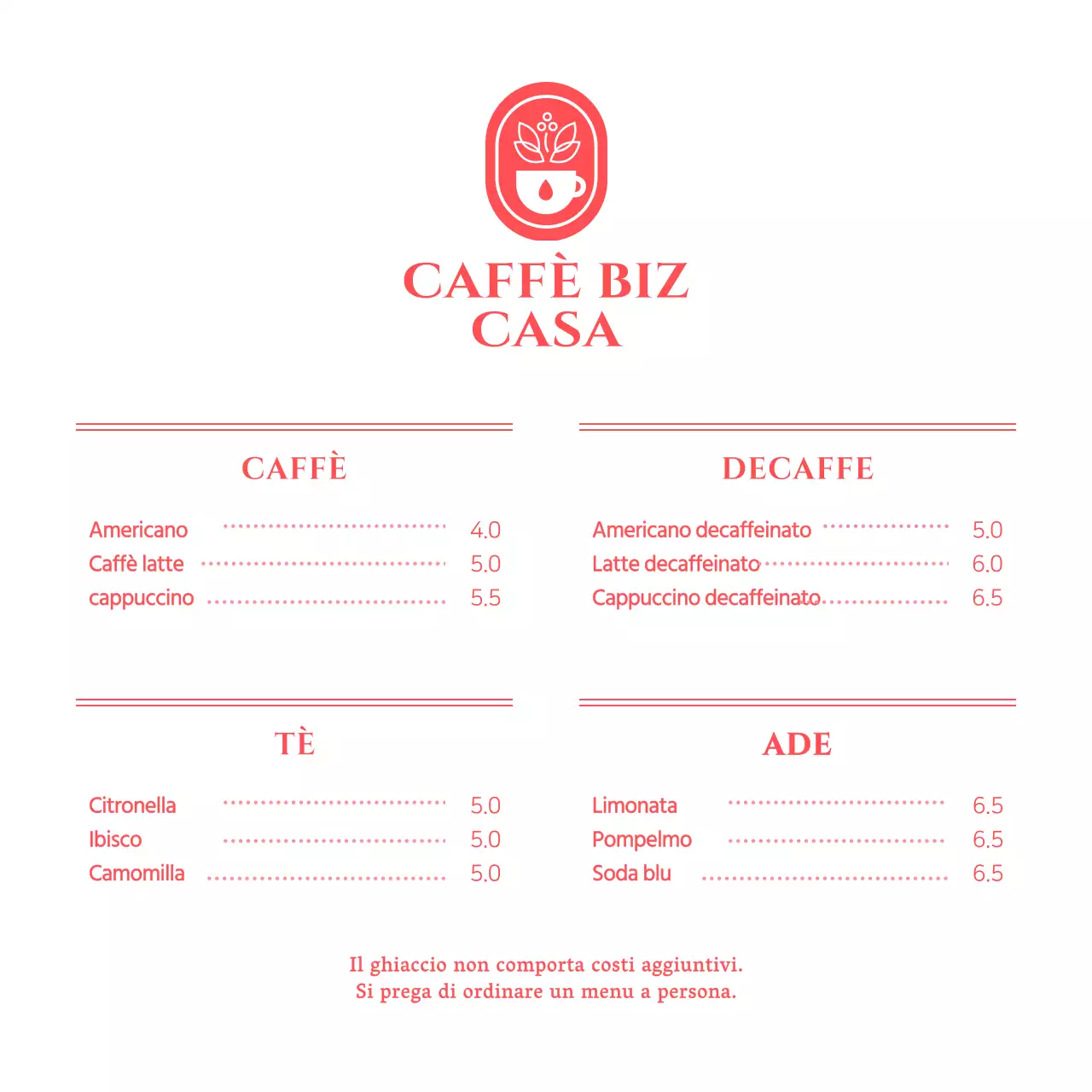 Prezzi del menu per una caffetteria di semplice concezione in bianco e rosso