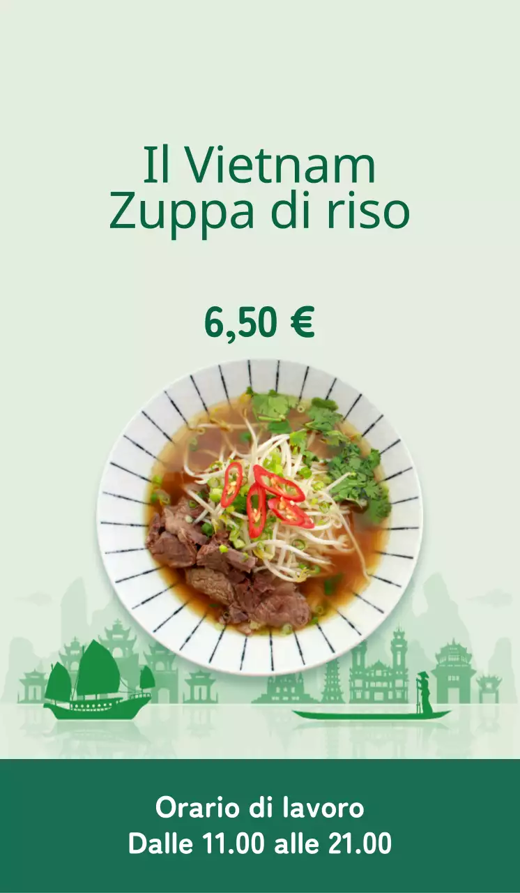 Promuovete un menu pulito con un'immagine di spaghetti di riso in un colore d'accento verde.