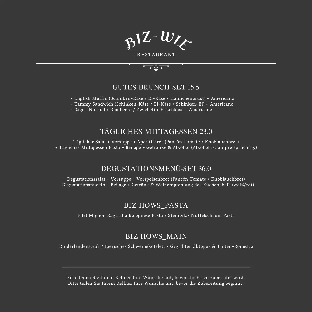 Ein einfaches Restaurantkonzept in schwarz-weißMenüplanung und Preisgestaltung