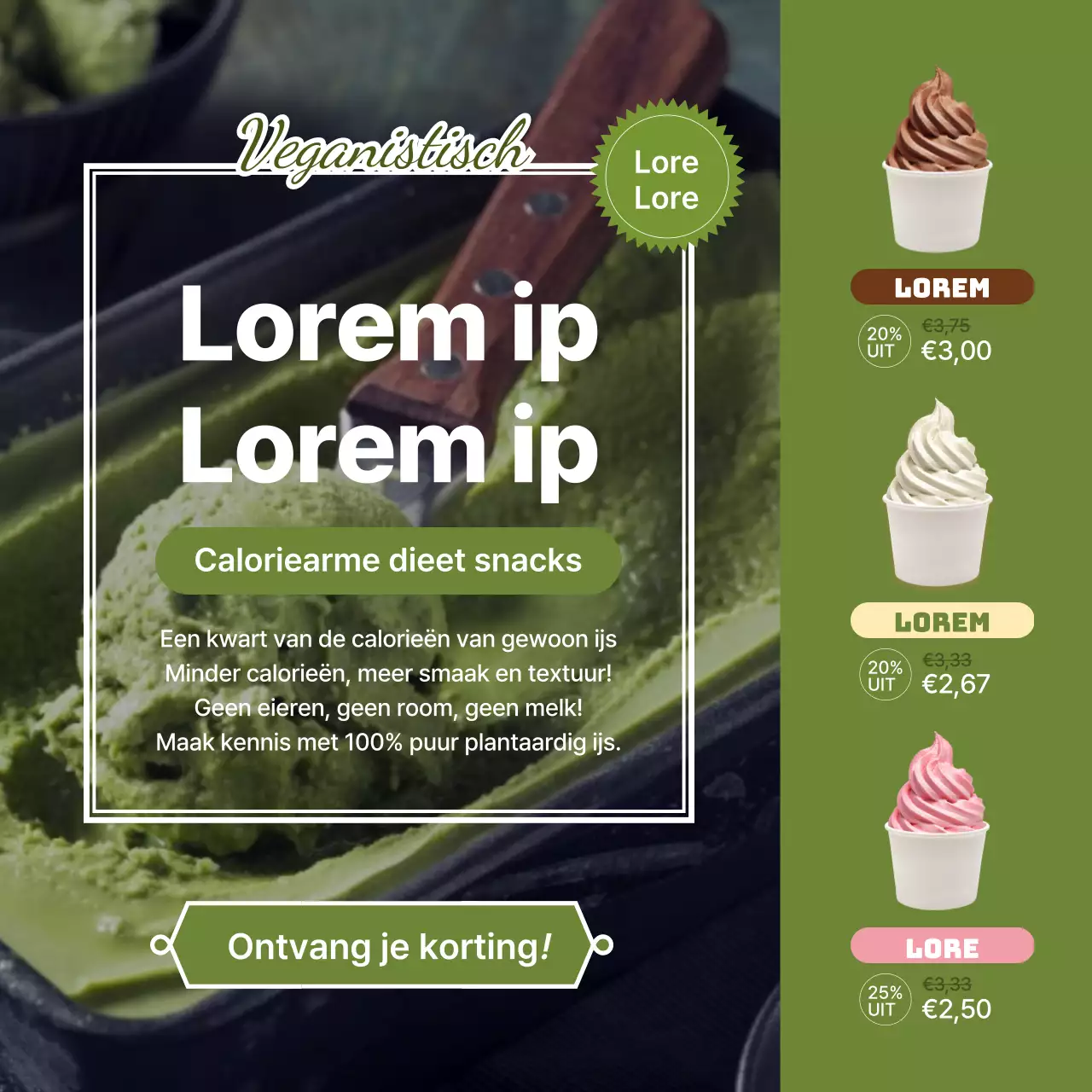 Groen, veganistisch chocolade-ijs in de aanbieding