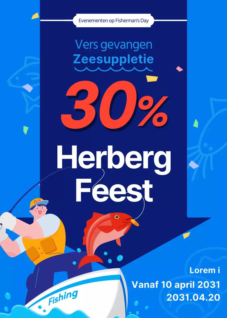 Visserijdag korting met een visillustratie op een blauwe achtergrond