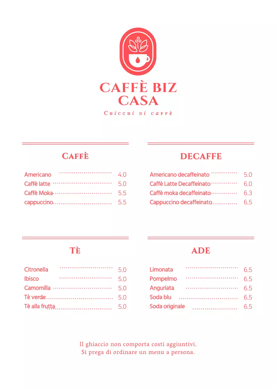 Prezzi del menu per una caffetteria dal concetto semplice e in bianco e rosso