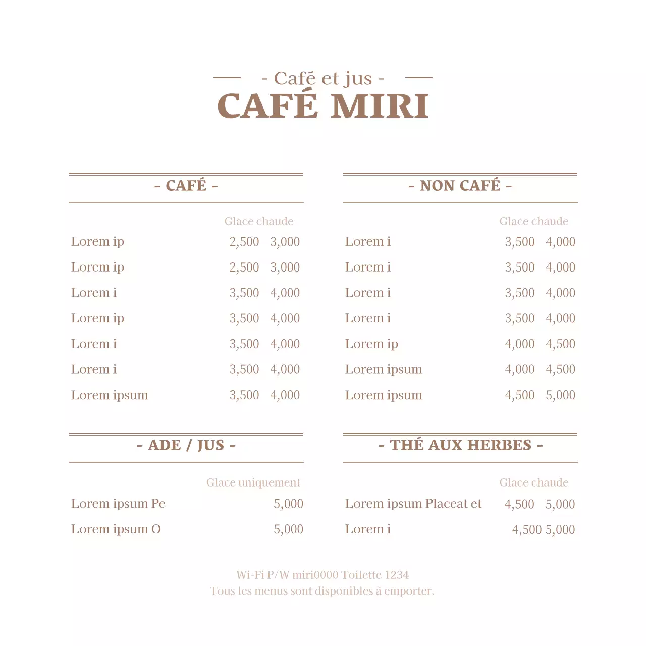 Menu de café blanc et marron avec liste de prix
