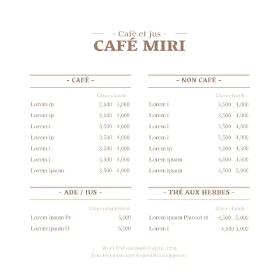 Menu de café blanc et marron avec liste de prix
