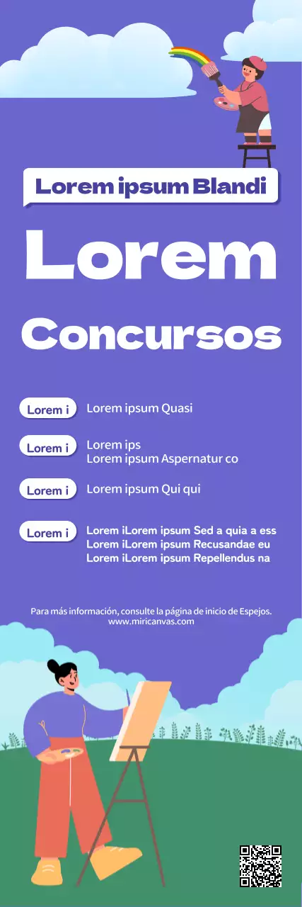 Concurso de ilustración con un personaje pintor pintando en un fresco campo verde púrpura