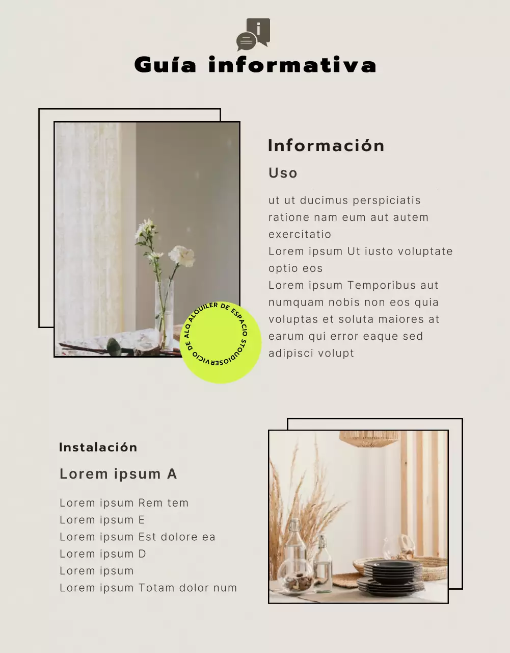 Más información sobre el alquiler de estudios en tonos negros y beige