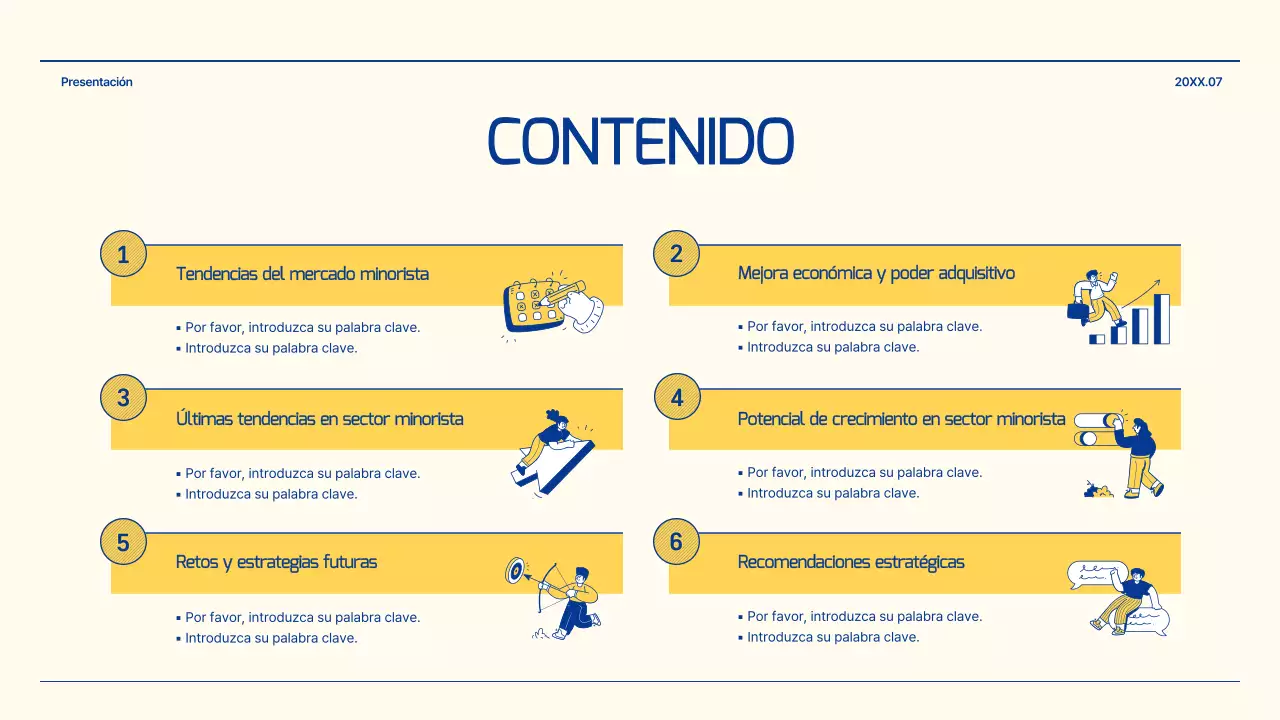 Informe sobre las perspectivas del sector minorista con ilustraciones en azul y amarillo