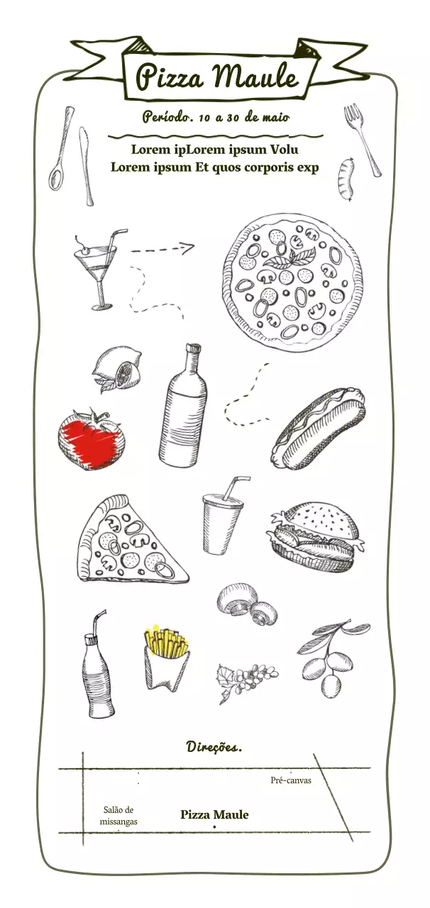Promoção de uma pizzaria com um conceito emocional de desenho a caneta.