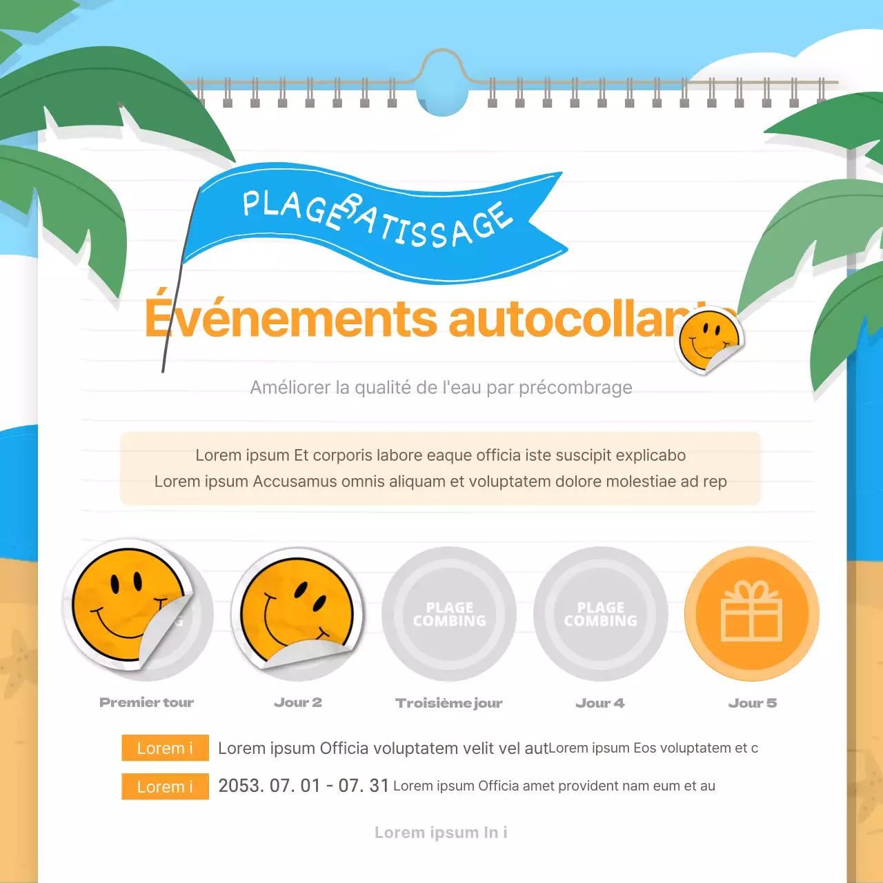 Événement autocollants bleus et jaunes pour le beachcombing