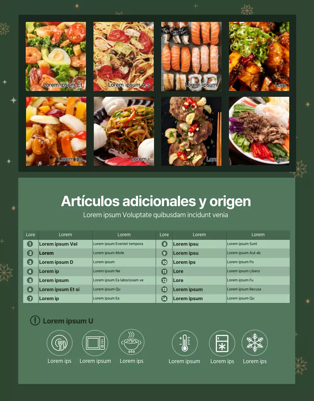 Detalles del buffet de Navidad en verde y amarillo