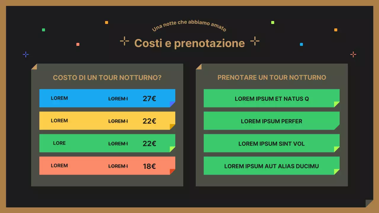 Una simpatica guida turistica notturna nera e colorata