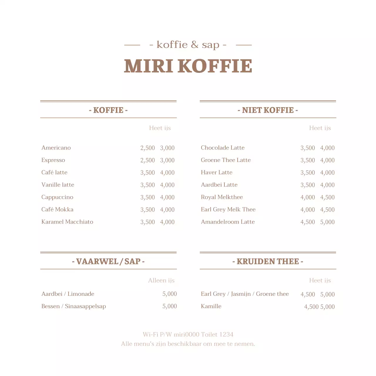 Een strak wit en bruin concept cafémenu met een prijslijst.