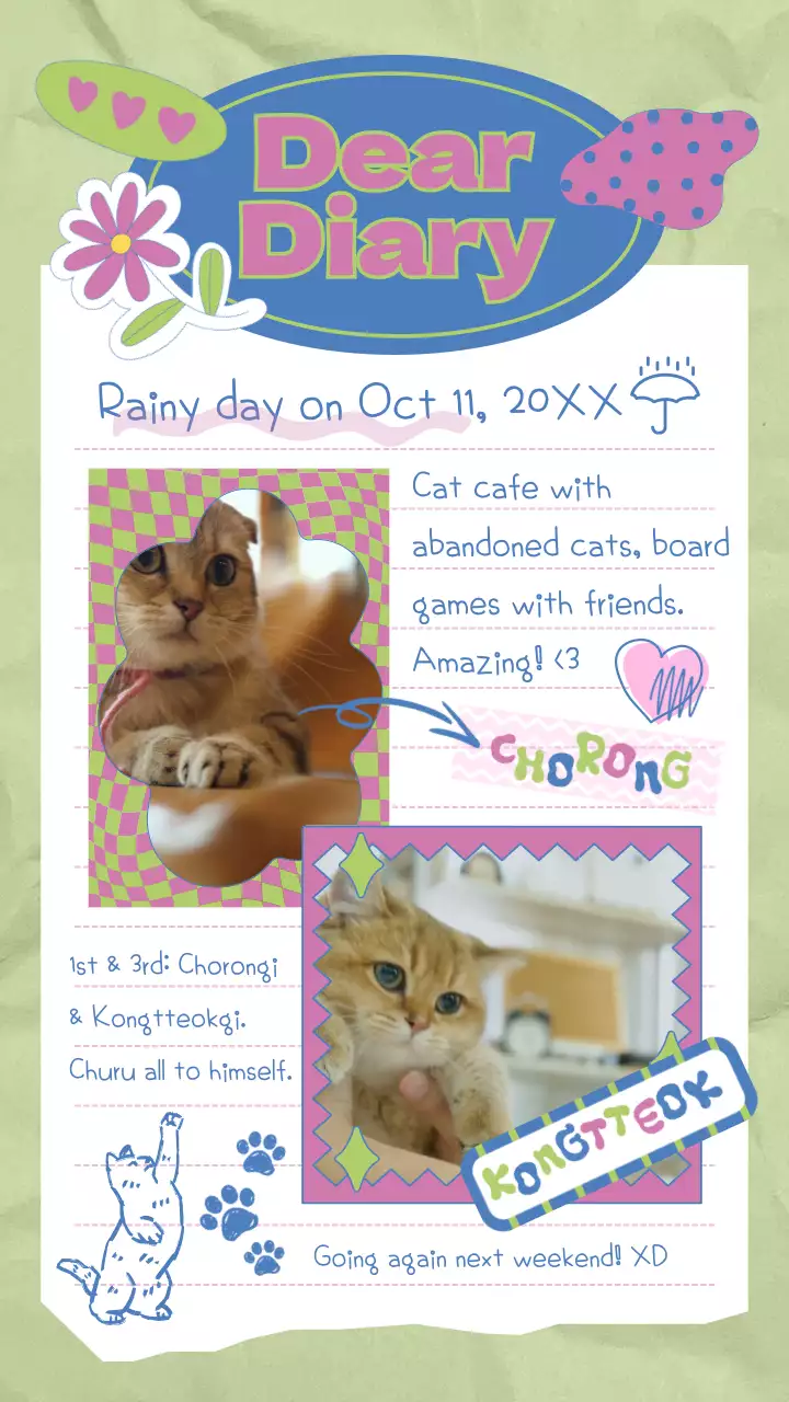 연두색의 고양이 스티커를 붙인 다이어리