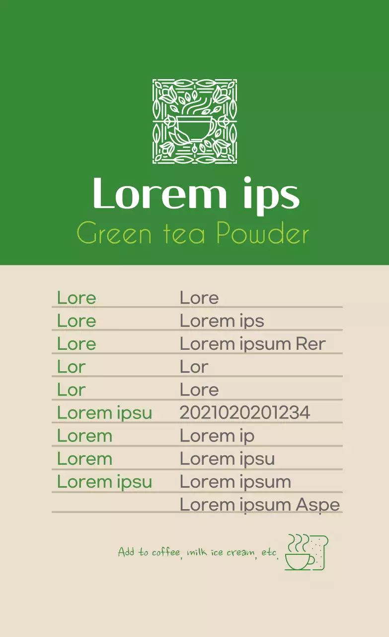 Label detail bubuk teh hijau makanan bersih logo hijau