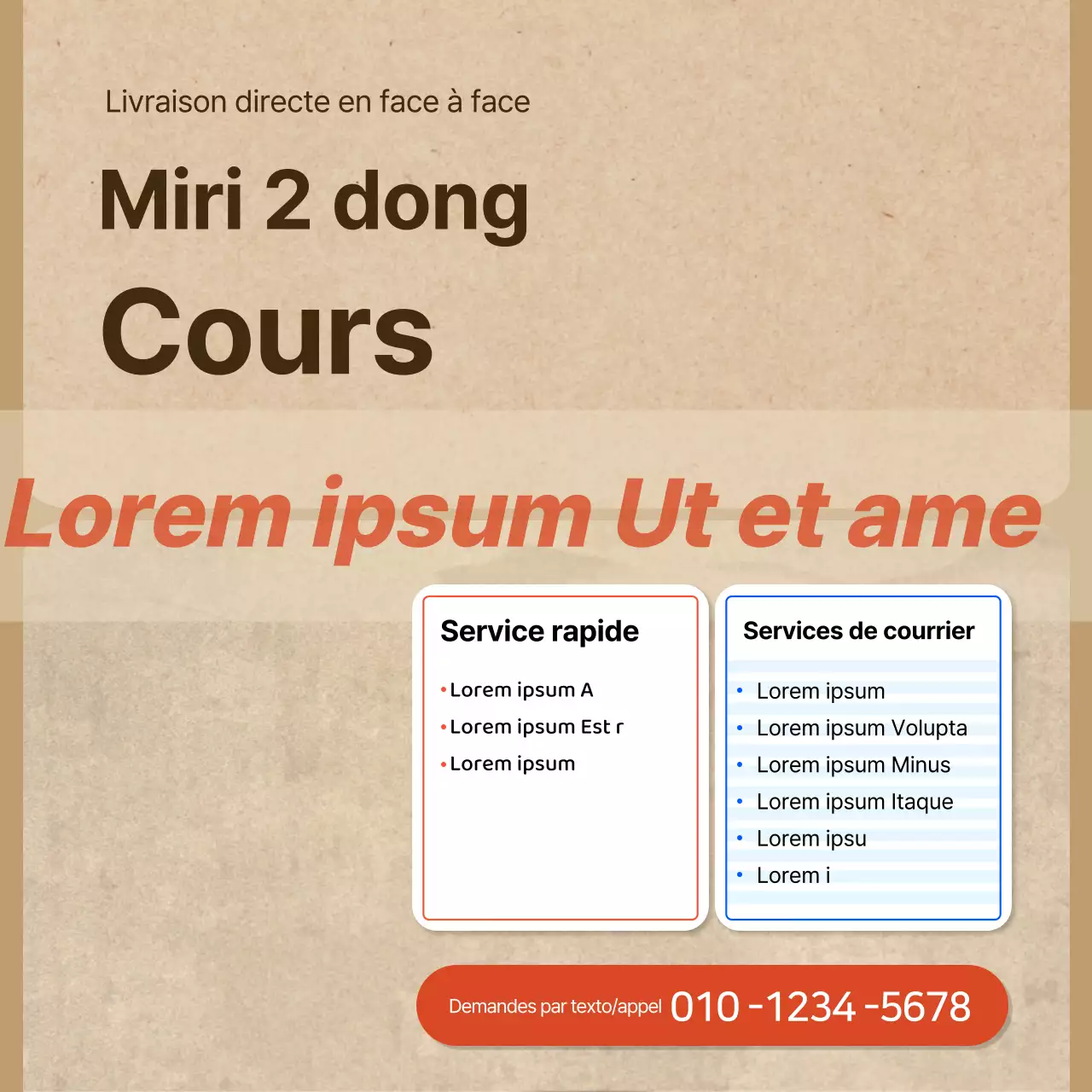 Matériel promotionnel pour les services de courses dans une boîte en papier texturé.
