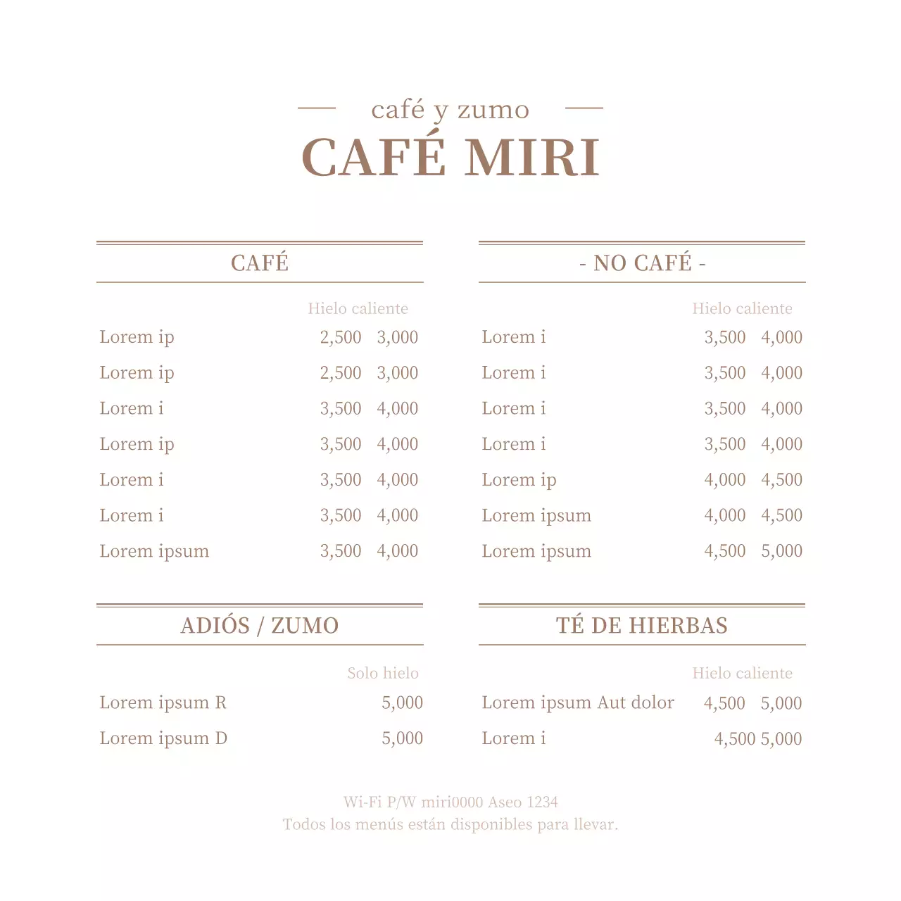 Un menú de cafetería de concepto limpio en blanco y marrón con una lista de precios.