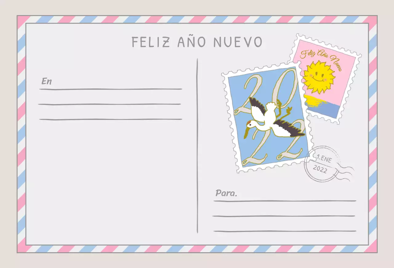 Collage de sellos de Año Nuevo con simpáticas ilustraciones en rosa celeste marrón