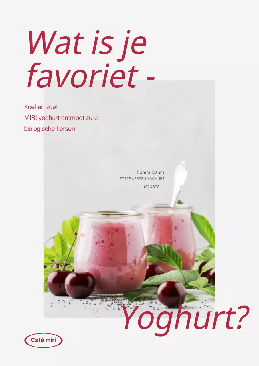Kersenyoghurt webposter met vette lettertypes en rode kleuren