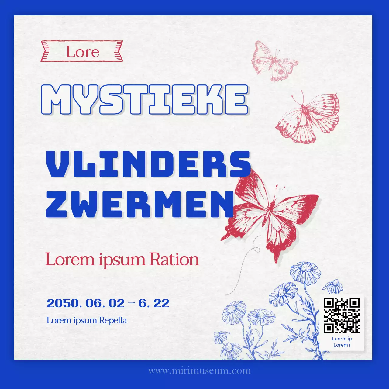 Retro concept vlinderexemplaren tentoonstelling in blauw en rood