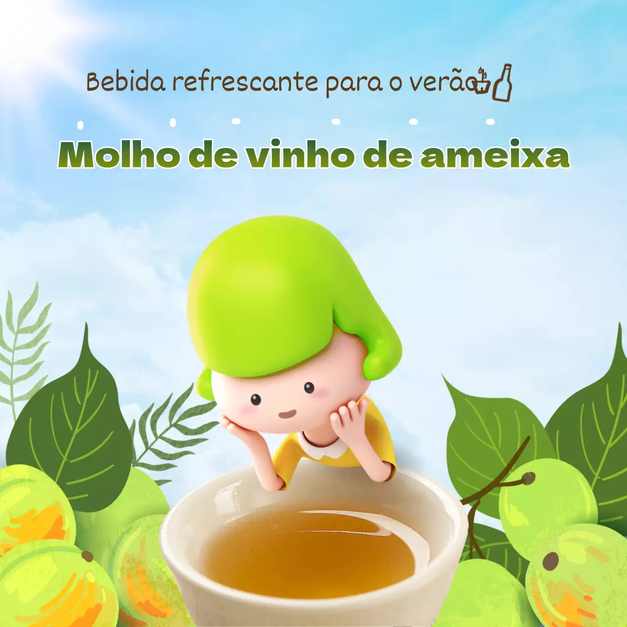 Ilustração 3D verde-limão conceito refrescante tema vinho de ameixa