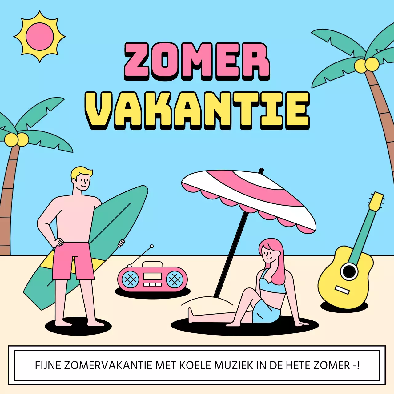 Kitscherige zomervakantieaankondiging in geel en lichtblauw