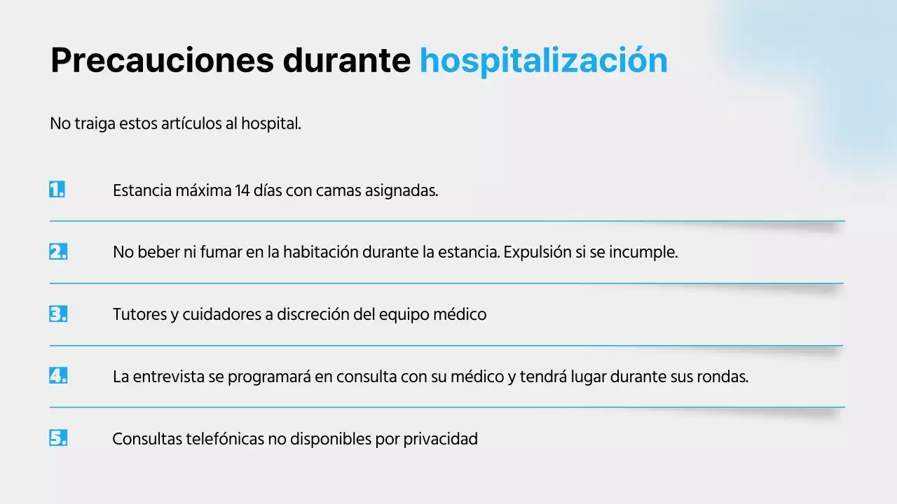 Una guía de la vida hospitalaria con colores azules, líneas limpias y sombras