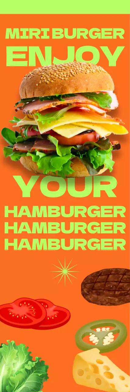 Ementa em forma de hambúrguer com letra a negrito e contraste de cores complementares