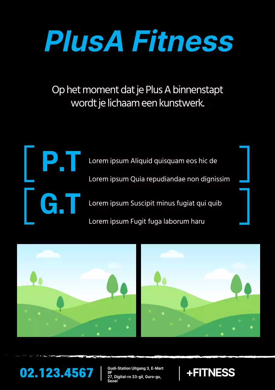 Eenvoudige sportschoolpromotie met blauwe en zwarte foto's en tekst