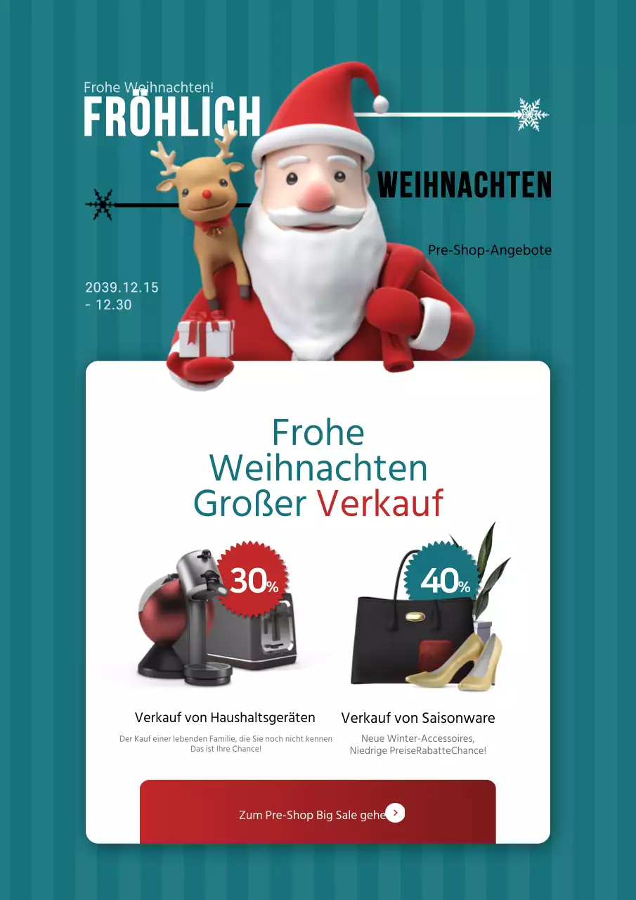 Weihnachtsartikel mit türkisfarbenen und roten Weihnachtsmannfiguren im Verkauf
